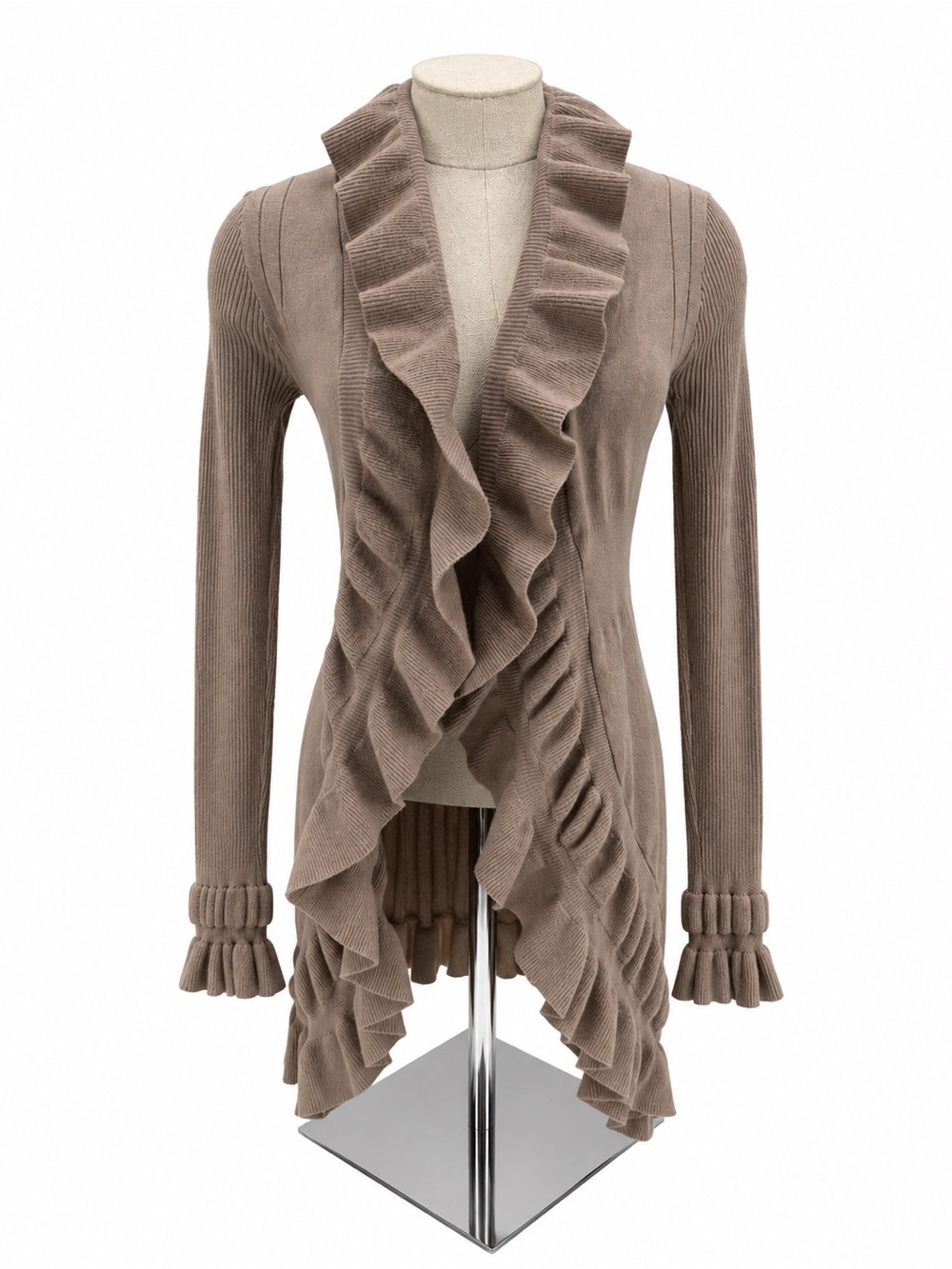 Ya Los Angeles Taupe Ruffle Open Front Cardigan Sweater Size S Boho